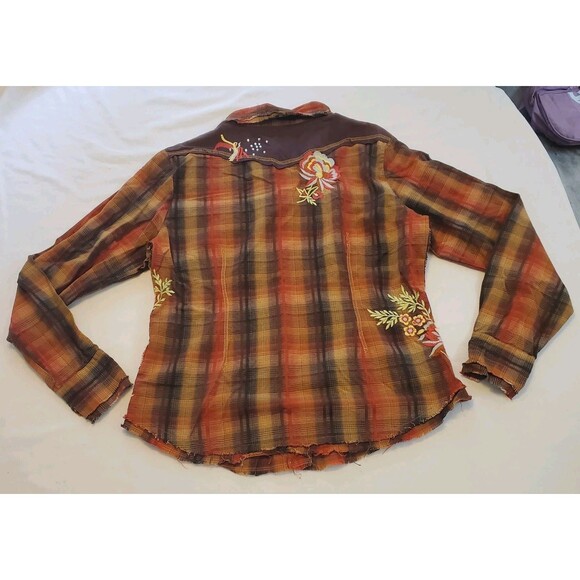 Martini Ranch Womens Sz Large Plaid Embroidered Button Front Shirt Brown - Picture 2 of 11